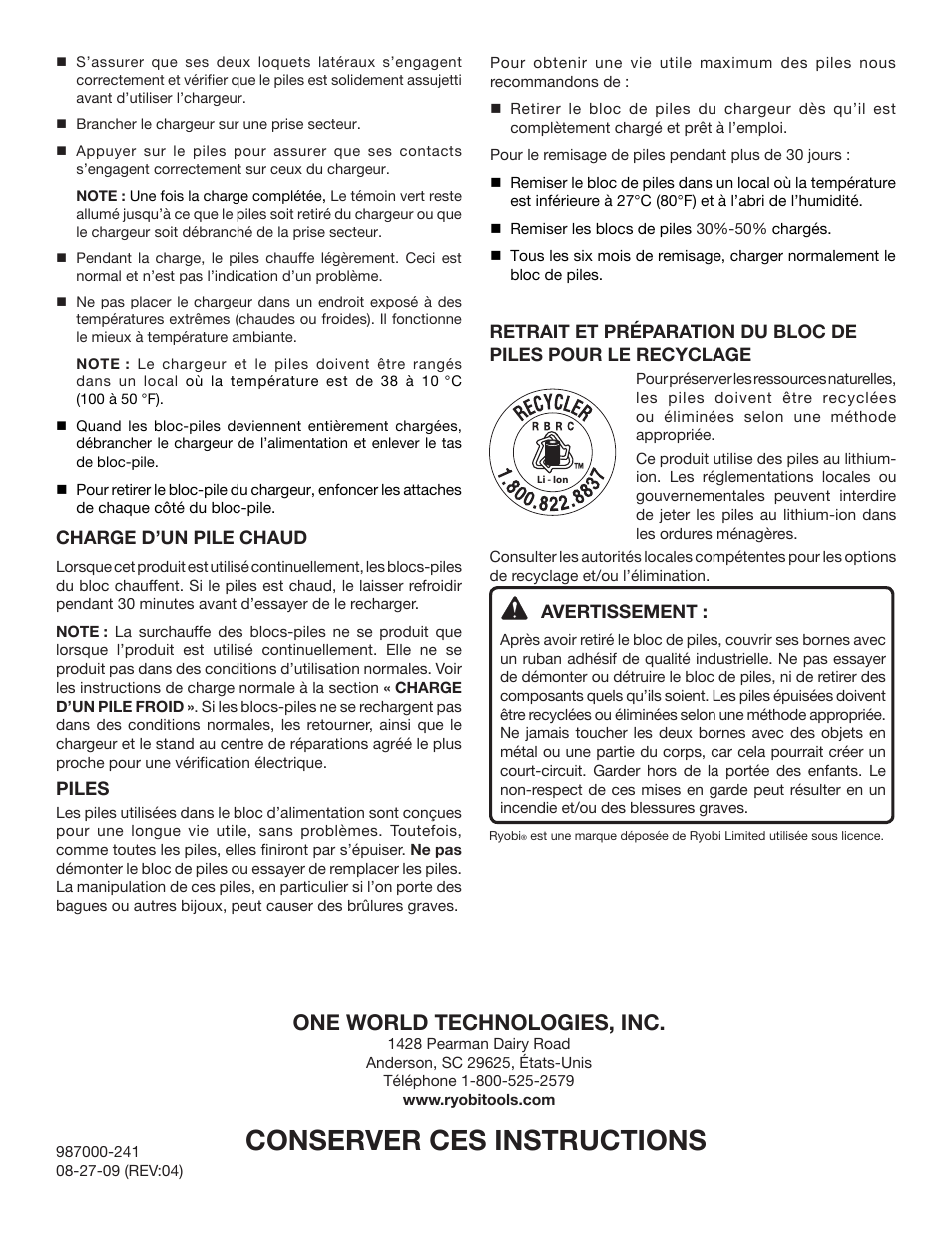 Conserver ces instructions, One world technologies, inc | Ryobi CB120L User Manual | Page 4 / 6