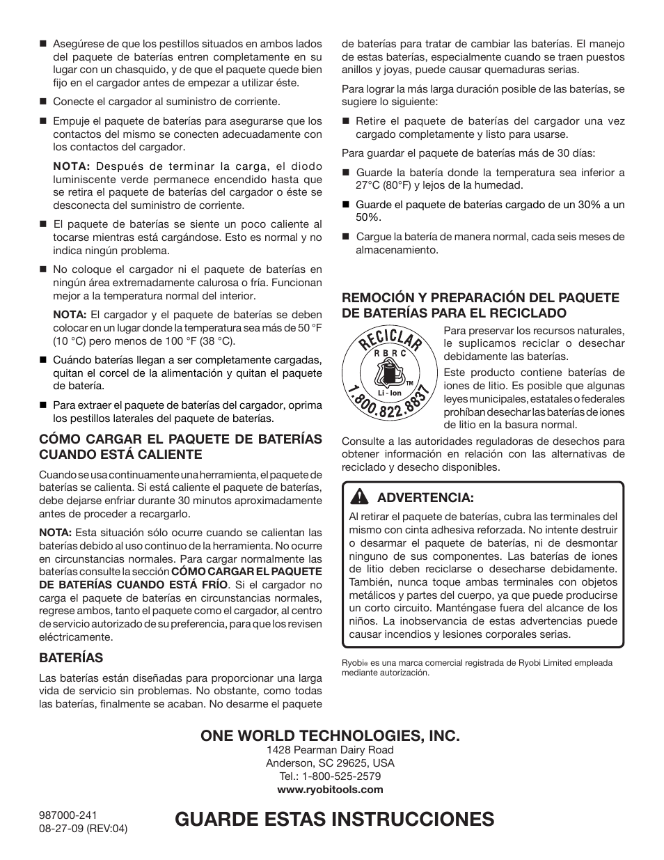 Guarde estas instrucciones, One world technologies, inc | Ryobi CB120L User Manual | Page 6 / 6