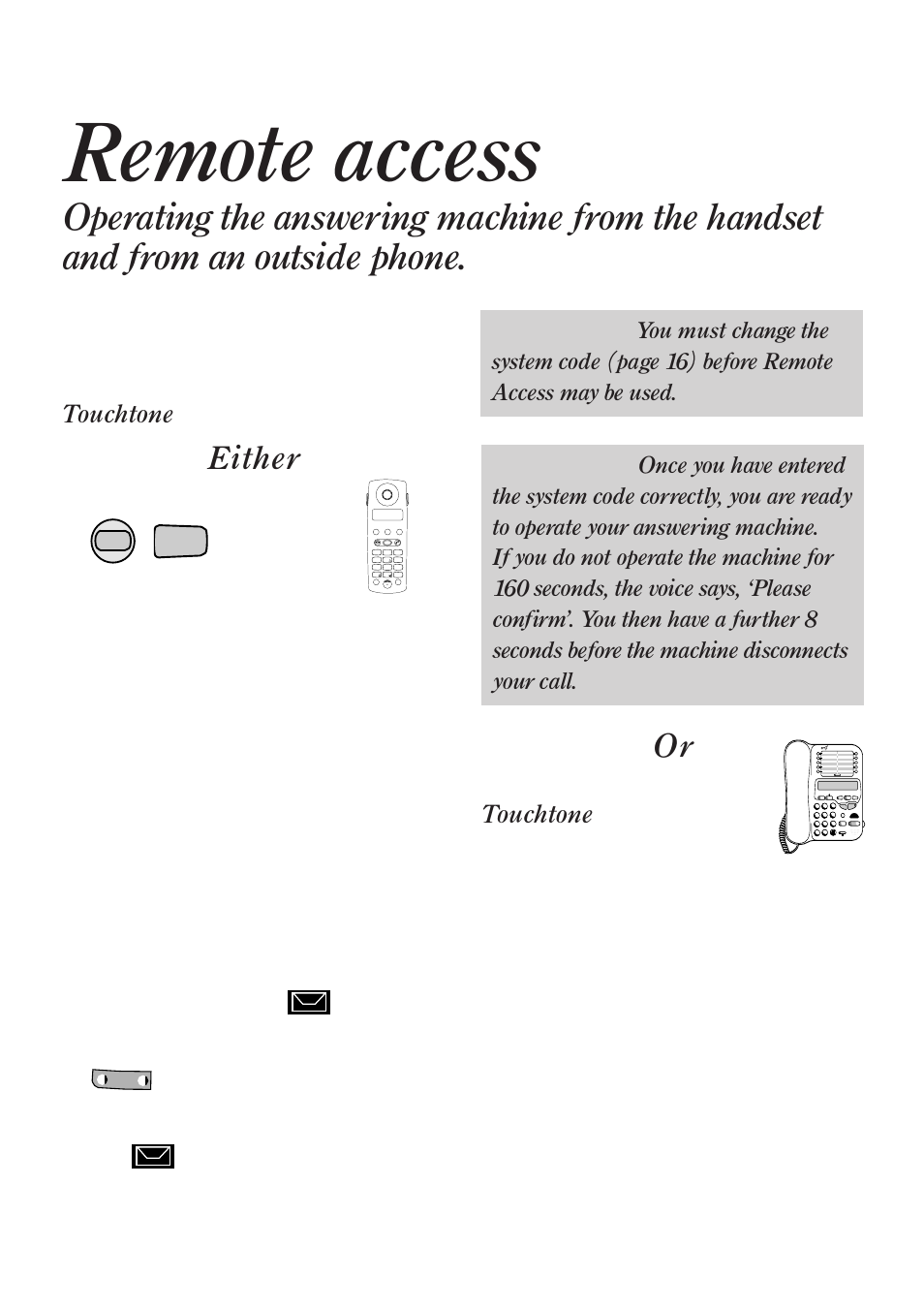 Remote access, Either, Touchtone | Dial your diverse 2016 phone number, Press the, Button, Phone, New message indicator, Option | BT Diverse 2016 User Manual | Page 39 / 69