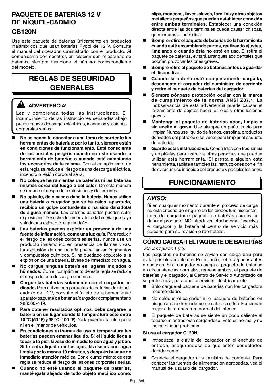 Operation, Funcionamiento, Reglas de seguridad generales | Aviso, Cómo cargar el paquete de baterías | Ryobi CB120N User Manual | Page 5 / 6