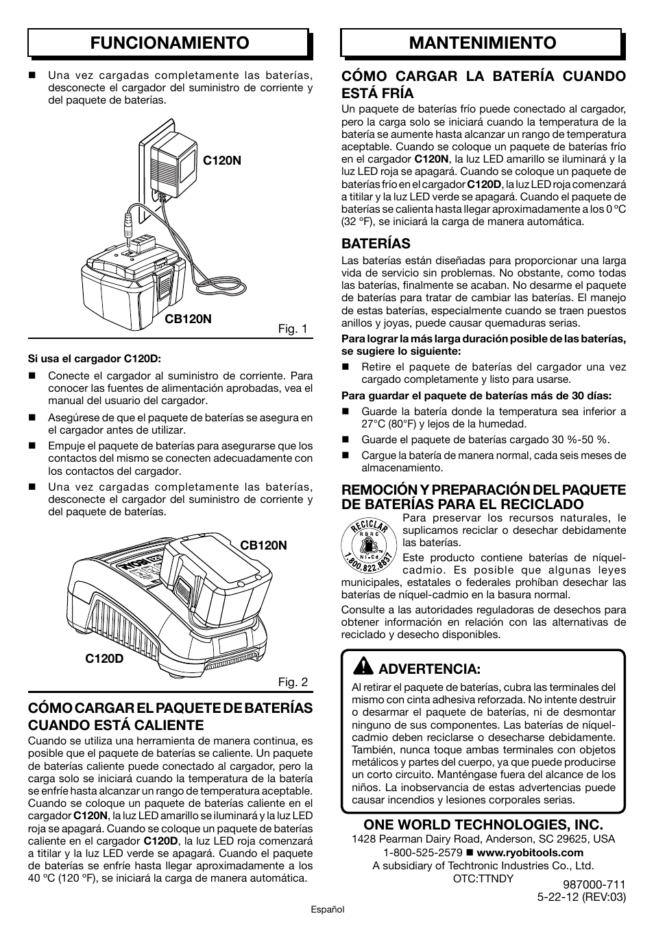 Operation, Funcionamiento, Mantenimiento | Cómo cargar la batería cuando está fría, Baterías, Advertencia, One world technologies, inc | Ryobi CB120N User Manual | Page 6 / 6