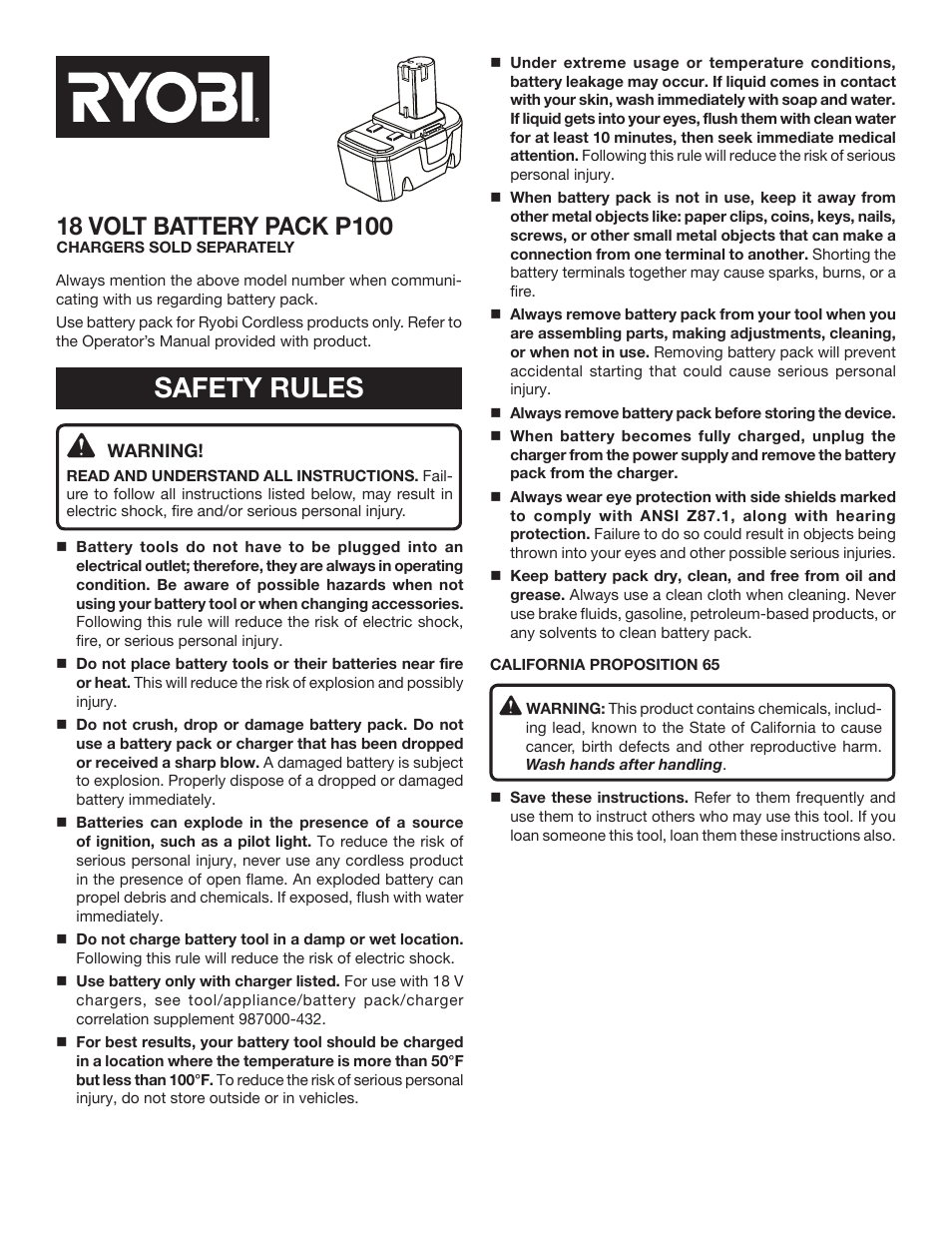 Ryobi P100 User Manual | 6 pages