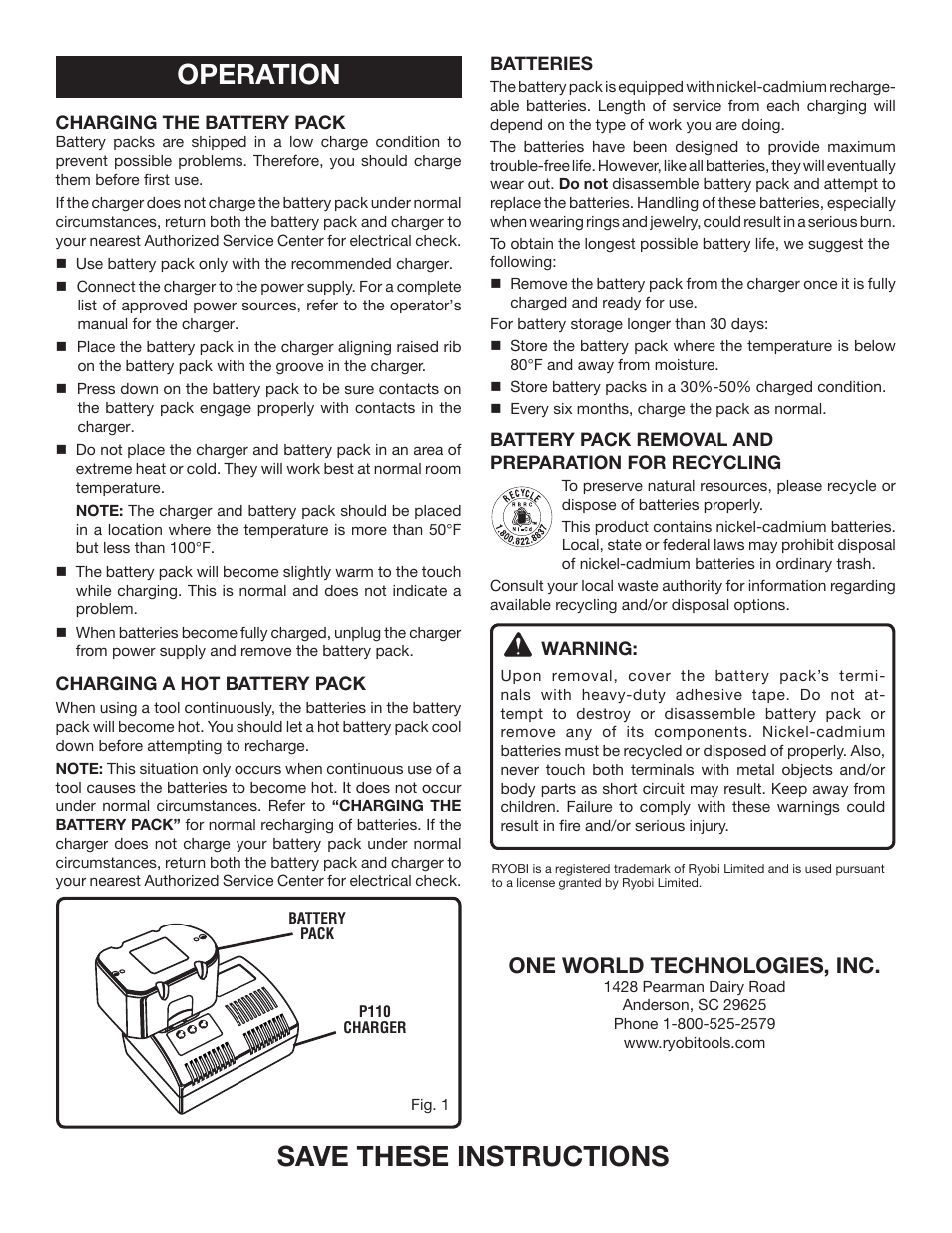 Save these instructions, Operation, One world technologies, inc | Ryobi P100 User Manual | Page 2 / 6