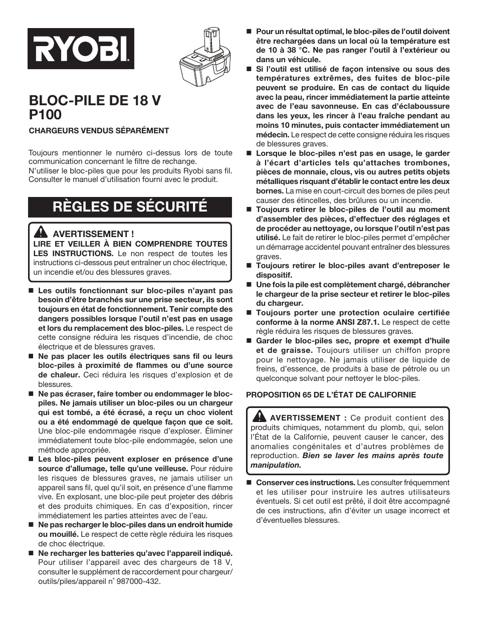 Règles de sécurité | Ryobi P100 User Manual | Page 3 / 6