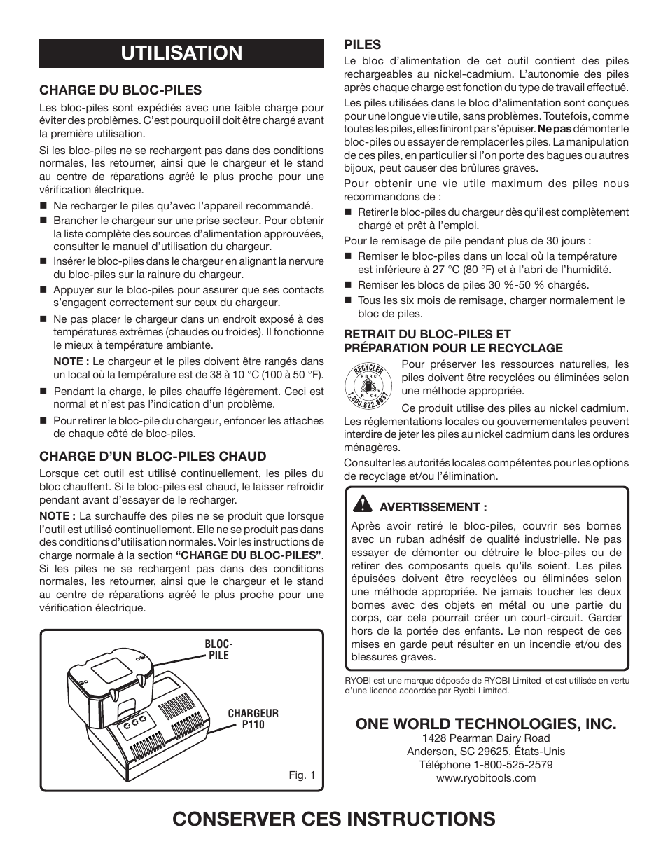 Conserver ces instructions, Utilisation, One world technologies, inc | Ryobi P100 User Manual | Page 4 / 6