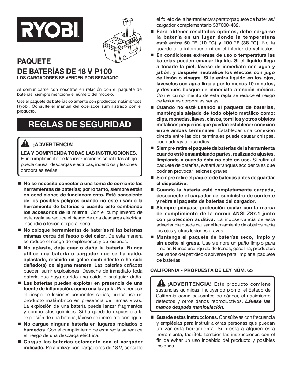 Reglas de seguridad | Ryobi P100 User Manual | Page 5 / 6
