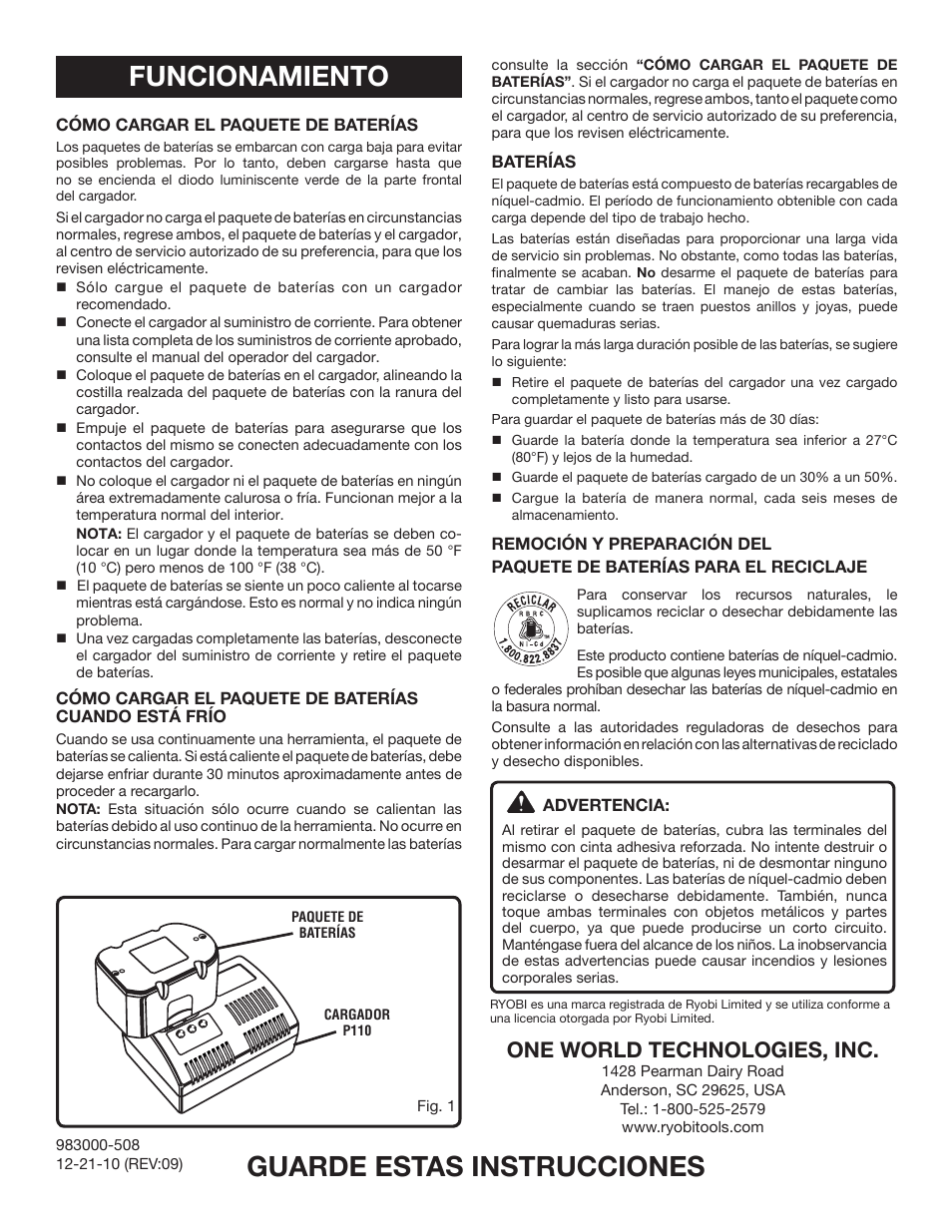 Guarde estas instrucciones, Funcionamiento, One world technologies, inc | Ryobi P100 User Manual | Page 6 / 6