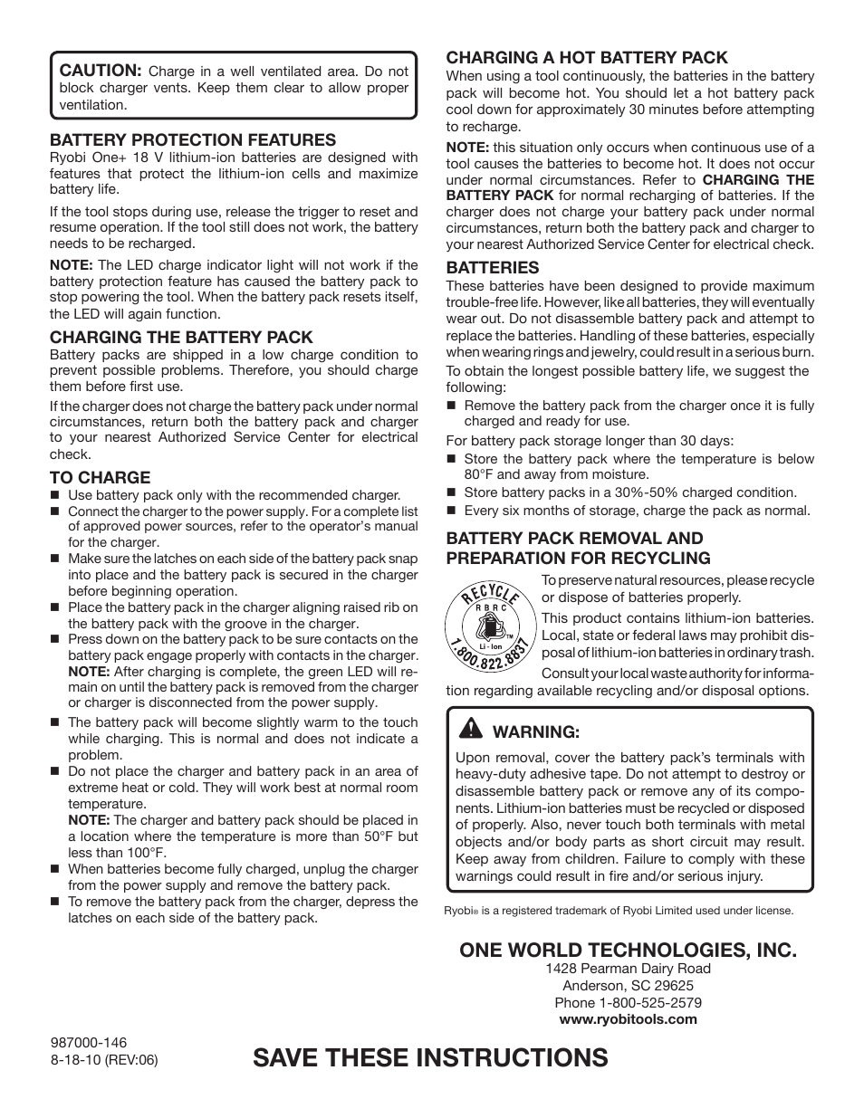 Save these instructions, One world technologies, inc | Ryobi P104 User Manual | Page 2 / 6