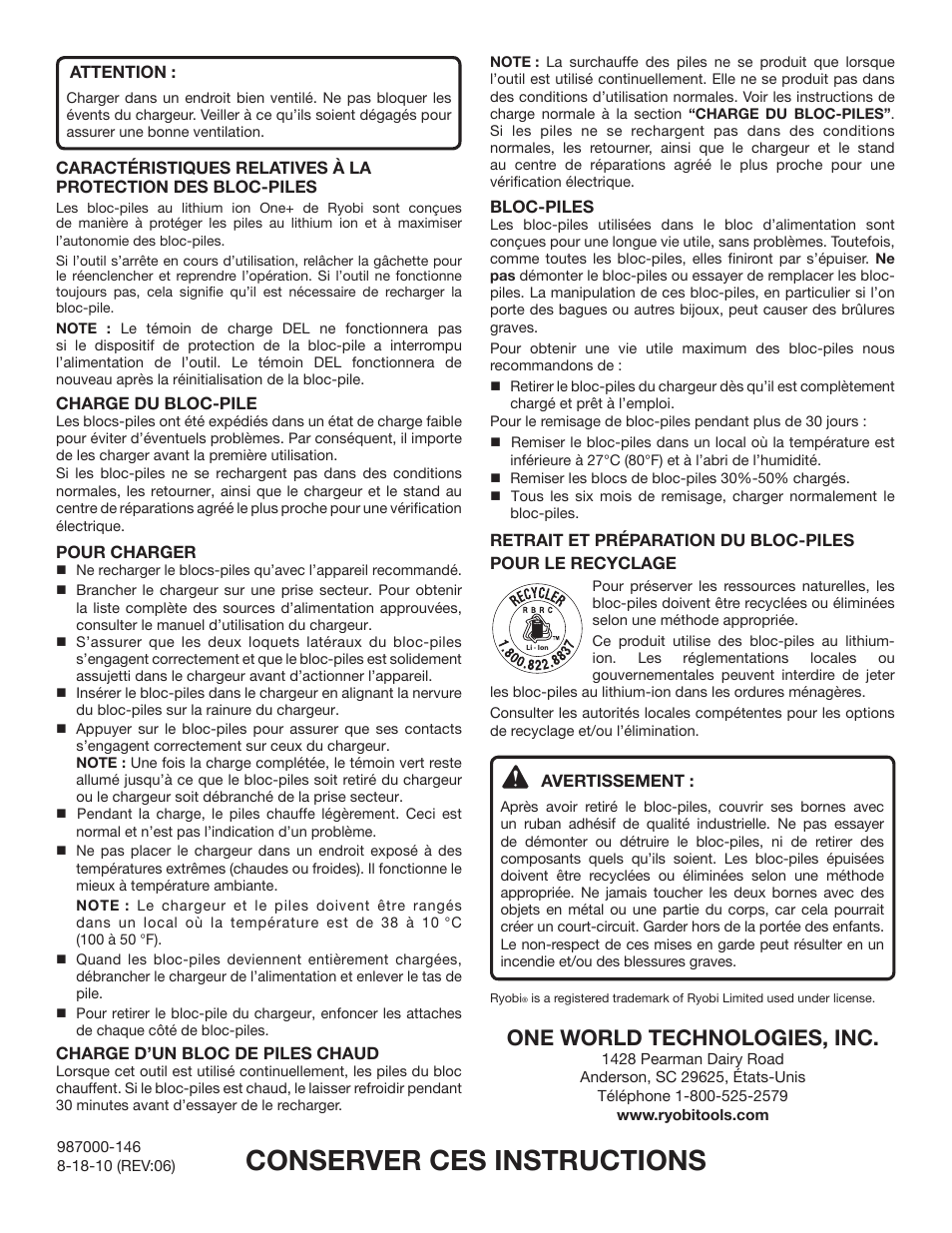 Conserver ces instructions, One world technologies, inc | Ryobi P104 User Manual | Page 4 / 6