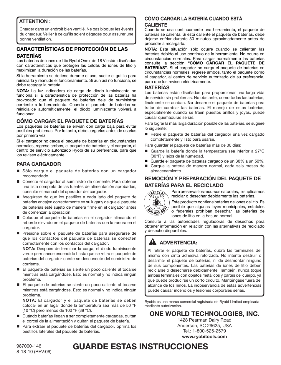 Guarde estas instrucciones, One world technologies, inc | Ryobi P104 User Manual | Page 6 / 6