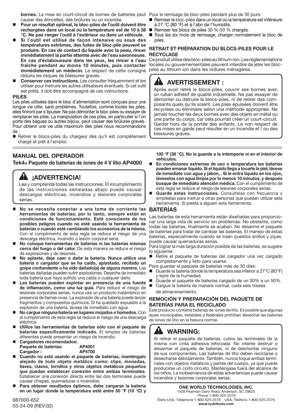 Advertencia, Avertissement, Warning | Ryobi AP4000 User Manual | Page 2 / 2