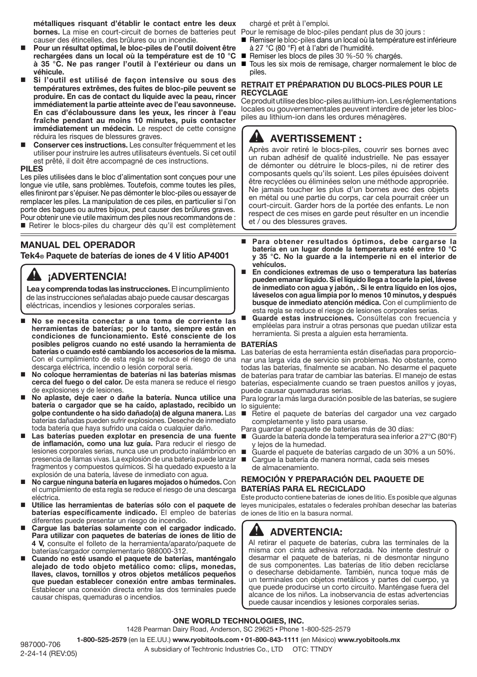 One world technologies, inc, Advertencia, Avertissement | Ryobi AP4001 User Manual | Page 2 / 2