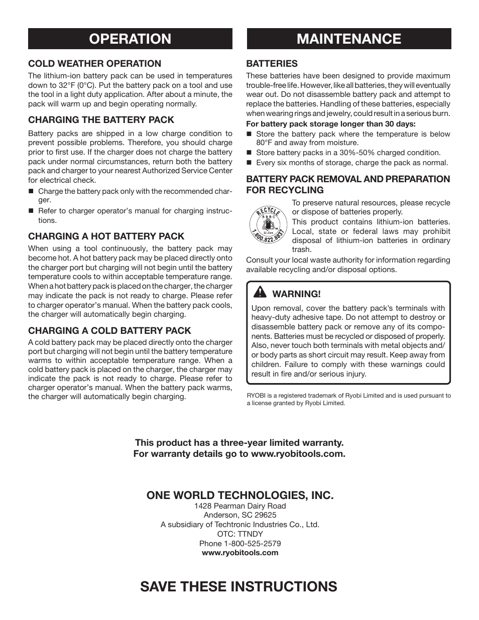 Save these instructions, Maintenance operation, One world technologies, inc | Ryobi P105 User Manual | Page 2 / 6