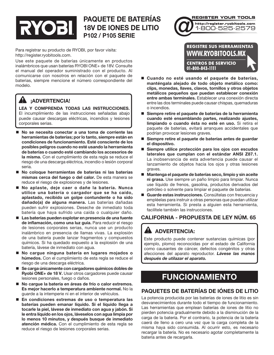Funcionamiento, Paquete de baterías 18v de iones de litio, California - propuesta de ley núm. 65 advertencia | Paquetes de baterías de iónes de litio | Ryobi P105 User Manual | Page 5 / 6
