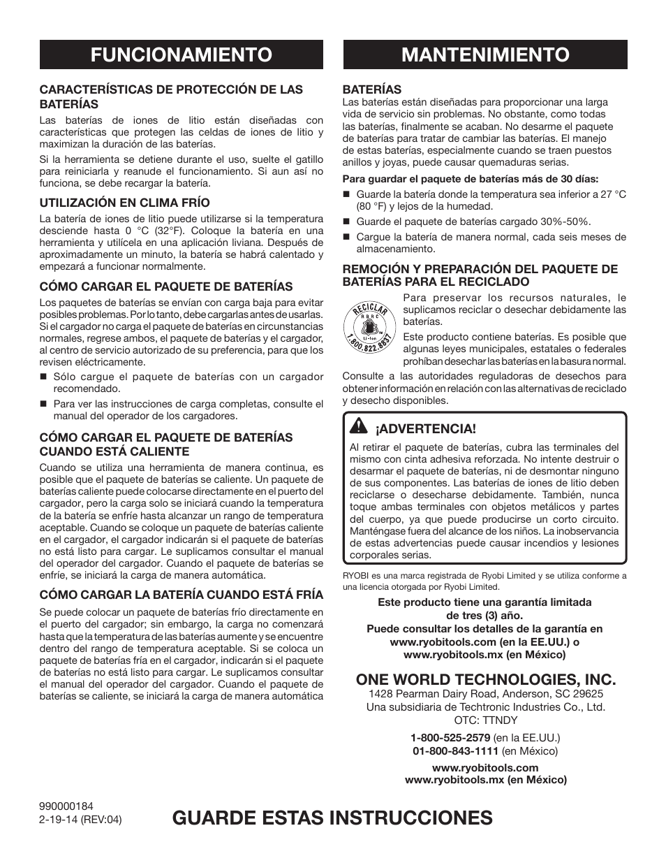 Guarde estas instrucciones, Mantenimiento, Funcionamiento | One world technologies, inc | Ryobi P105 User Manual | Page 6 / 6