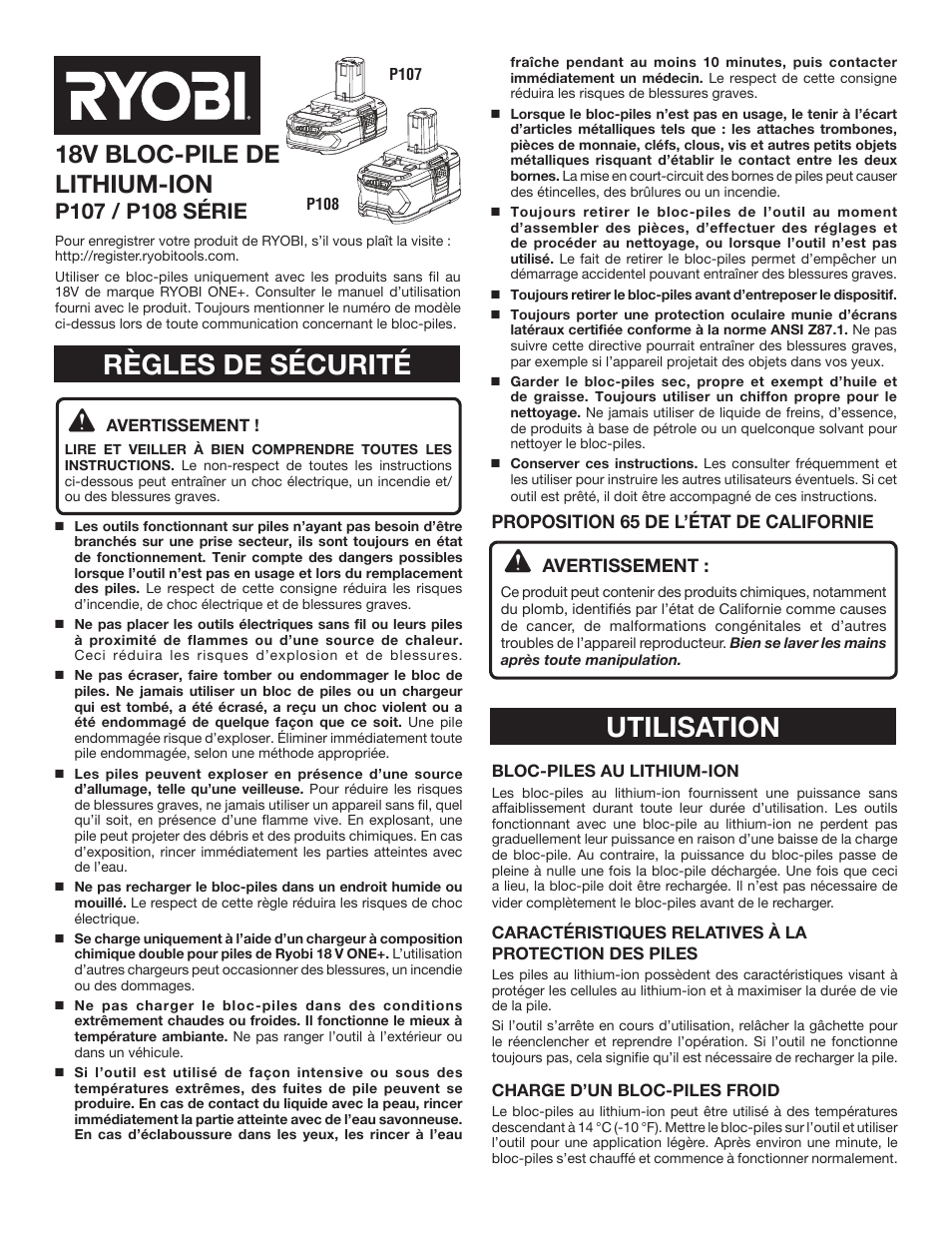 Règles de sécurité, Utilisation, 18v bloc-pile de lithium-ion | Ryobi P107 User Manual | Page 3 / 6