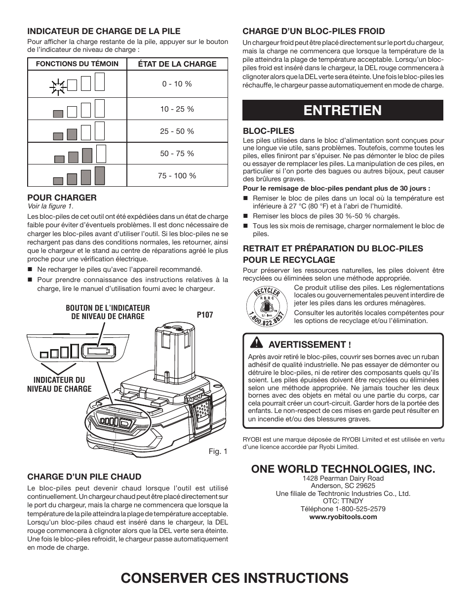 Conserver ces instructions, Entretien, One world technologies, inc | Ryobi P107 User Manual | Page 4 / 6