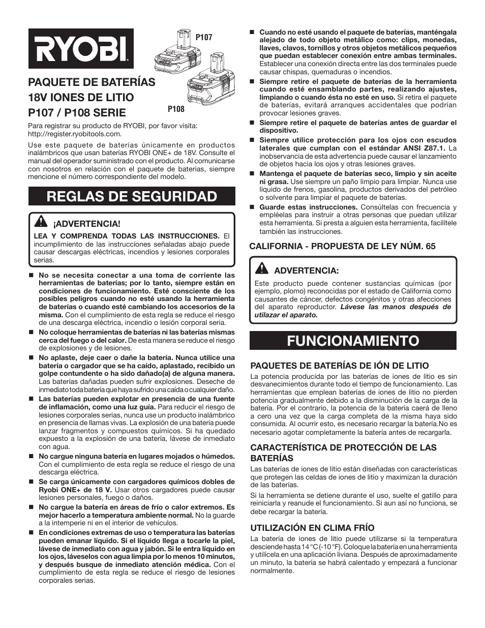 Reglas de seguridad, Funcionamiento | Ryobi P107 User Manual | Page 5 / 6