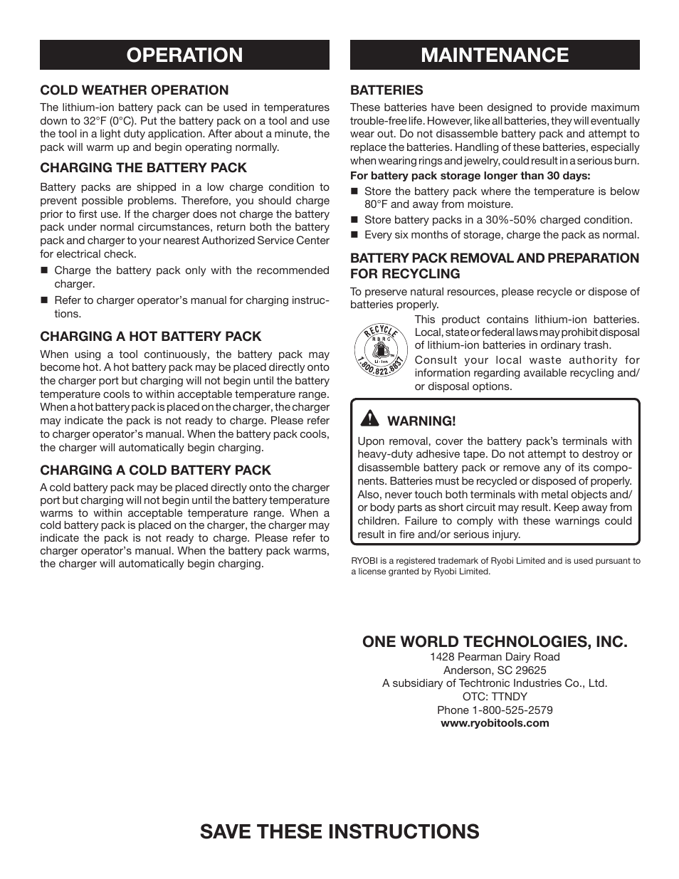 Save these instructions, Maintenance operation, One world technologies, inc | Ryobi CB121L User Manual | Page 2 / 6