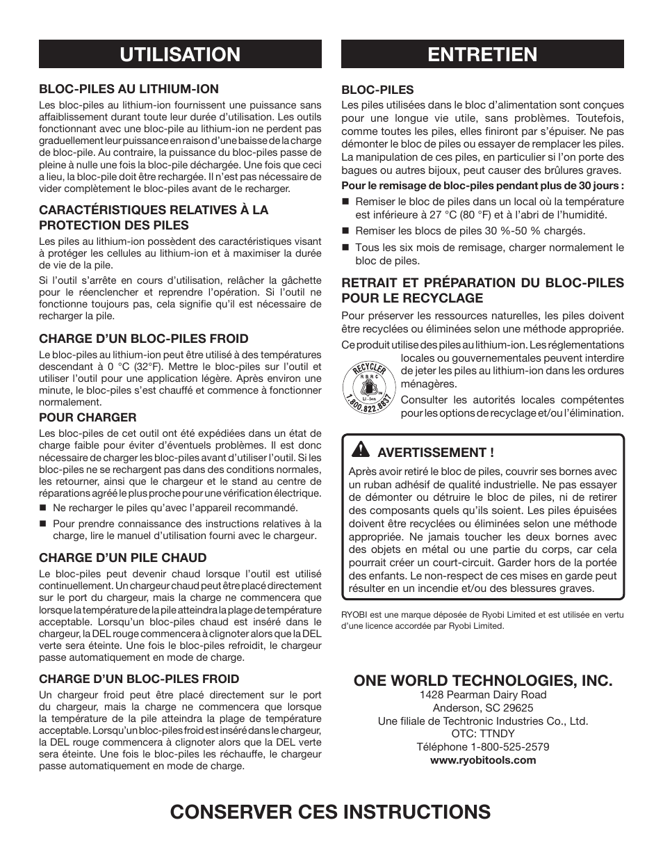 Conserver ces instructions, Entretien, Utilisation | One world technologies, inc | Ryobi CB121L User Manual | Page 4 / 6