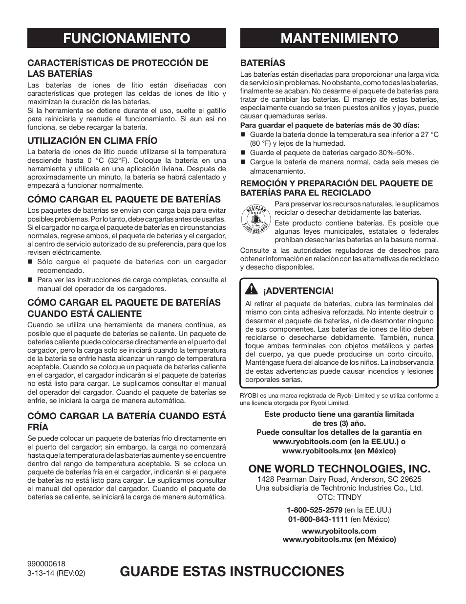 Guarde estas instrucciones mantenimiento, Funcionamiento, One world technologies, inc | Ryobi CB121L User Manual | Page 6 / 6