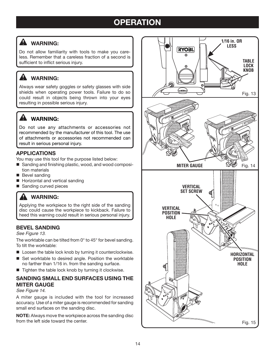 Operation, Warning, Applications | Bevel sanding, Sanding small end surfaces using the miter gauge | Ryobi BD4600 User Manual | Page 14 / 18