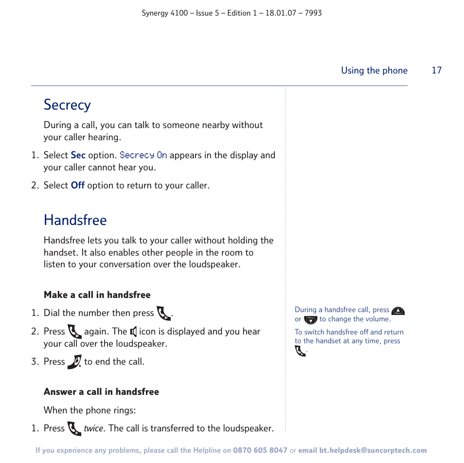 Secrecy, Handsfree | BT SYNERGY 4100 User Manual | Page 17 / 84