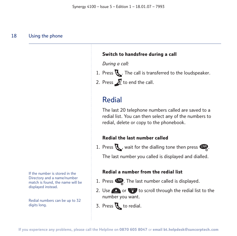 Redial | BT SYNERGY 4100 User Manual | Page 18 / 84