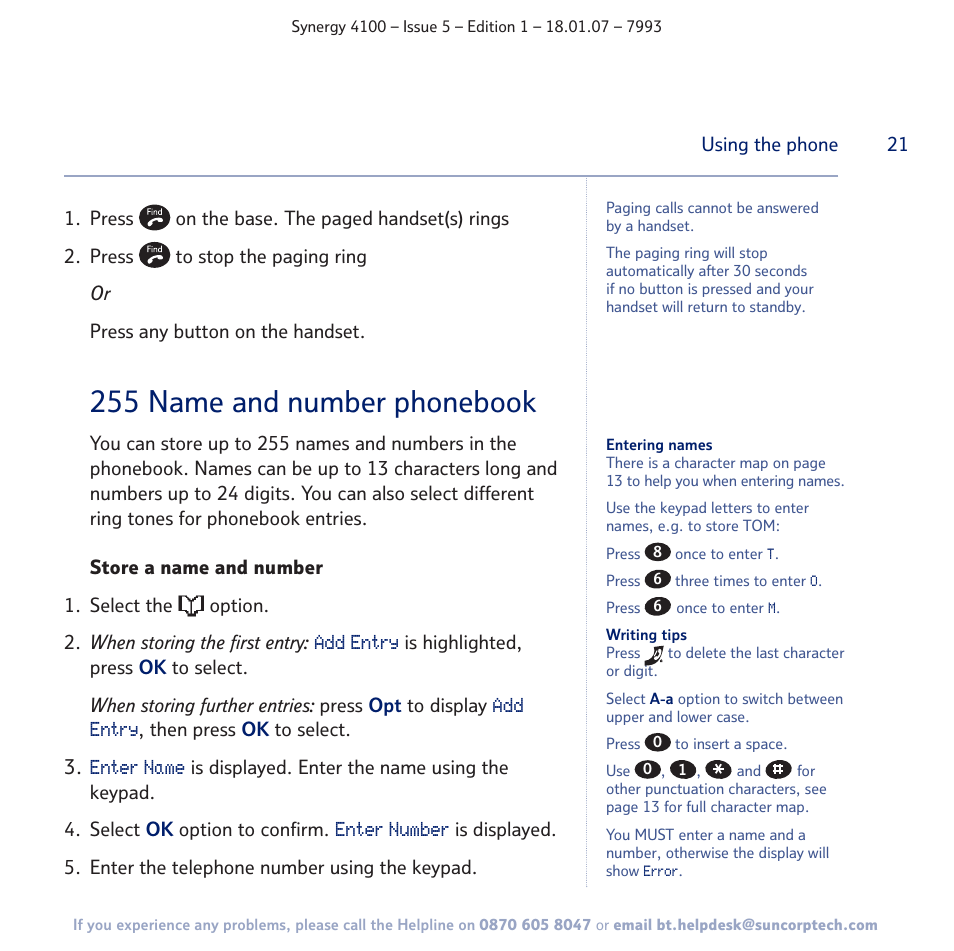 255 name and number phonebook | BT SYNERGY 4100 User Manual | Page 21 / 84