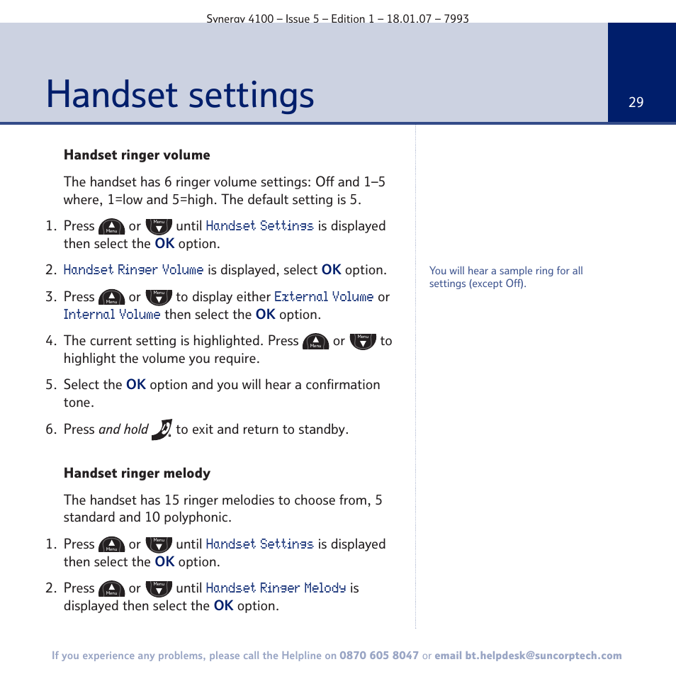 Handset settings | BT SYNERGY 4100 User Manual | Page 29 / 84