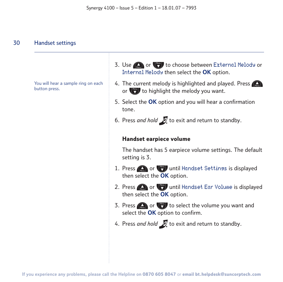 External melody, Internal melody, Handset settings | Handset ear volume | BT SYNERGY 4100 User Manual | Page 30 / 84