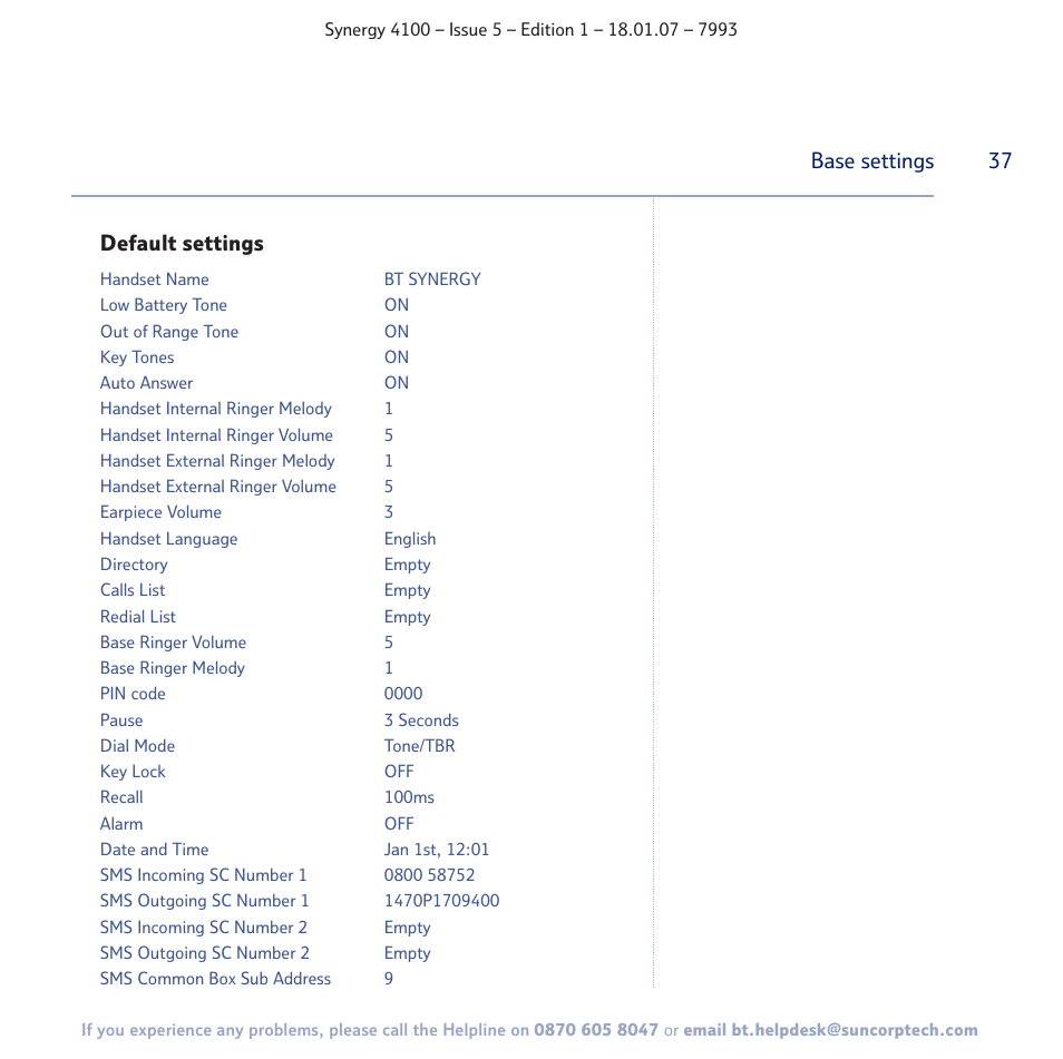Default settings, Base settings | BT SYNERGY 4100 User Manual | Page 37 / 84