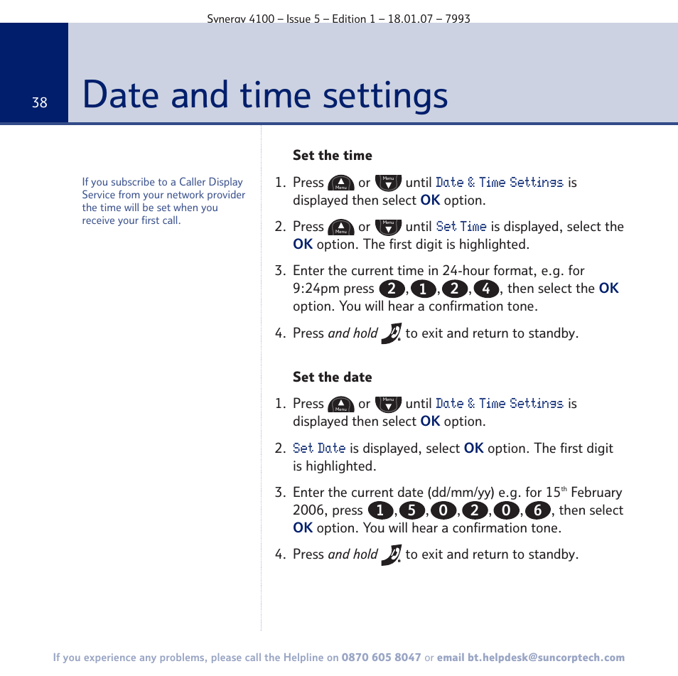 Date and time settings | BT SYNERGY 4100 User Manual | Page 38 / 84