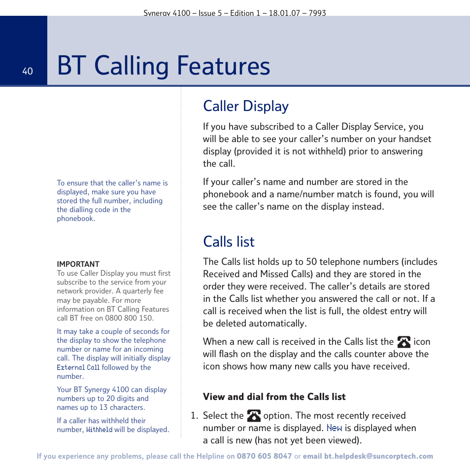 Bt calling features, Caller display, Calls list | BT SYNERGY 4100 User Manual | Page 40 / 84