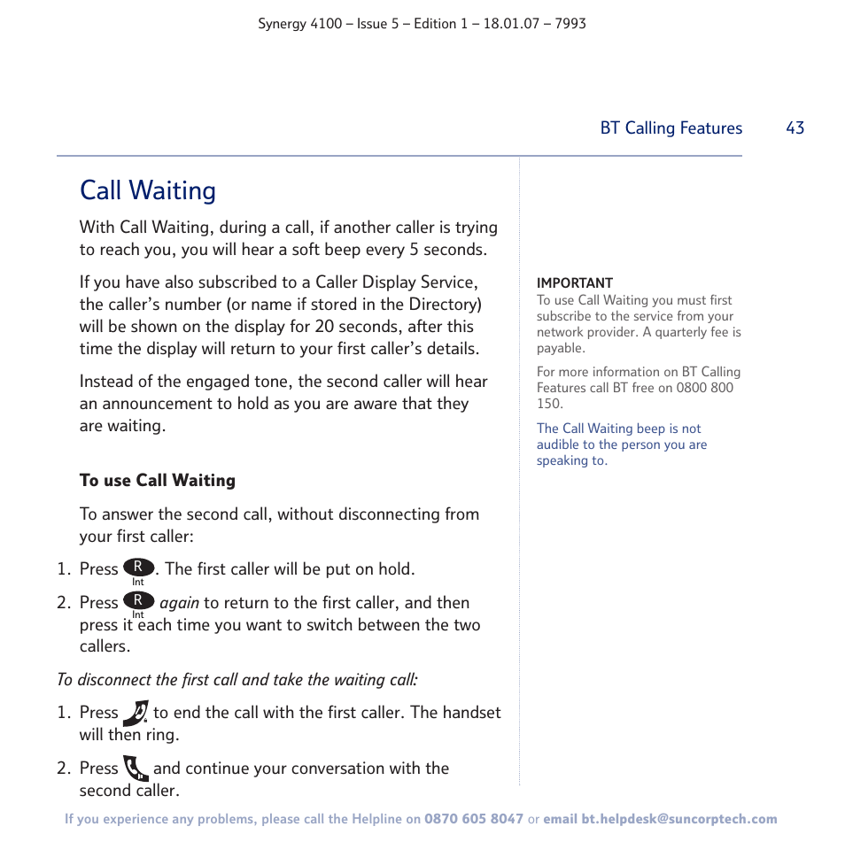 Call waiting | BT SYNERGY 4100 User Manual | Page 43 / 84