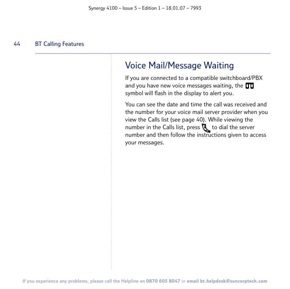 Voice mail/message waiting | BT SYNERGY 4100 User Manual | Page 44 / 84