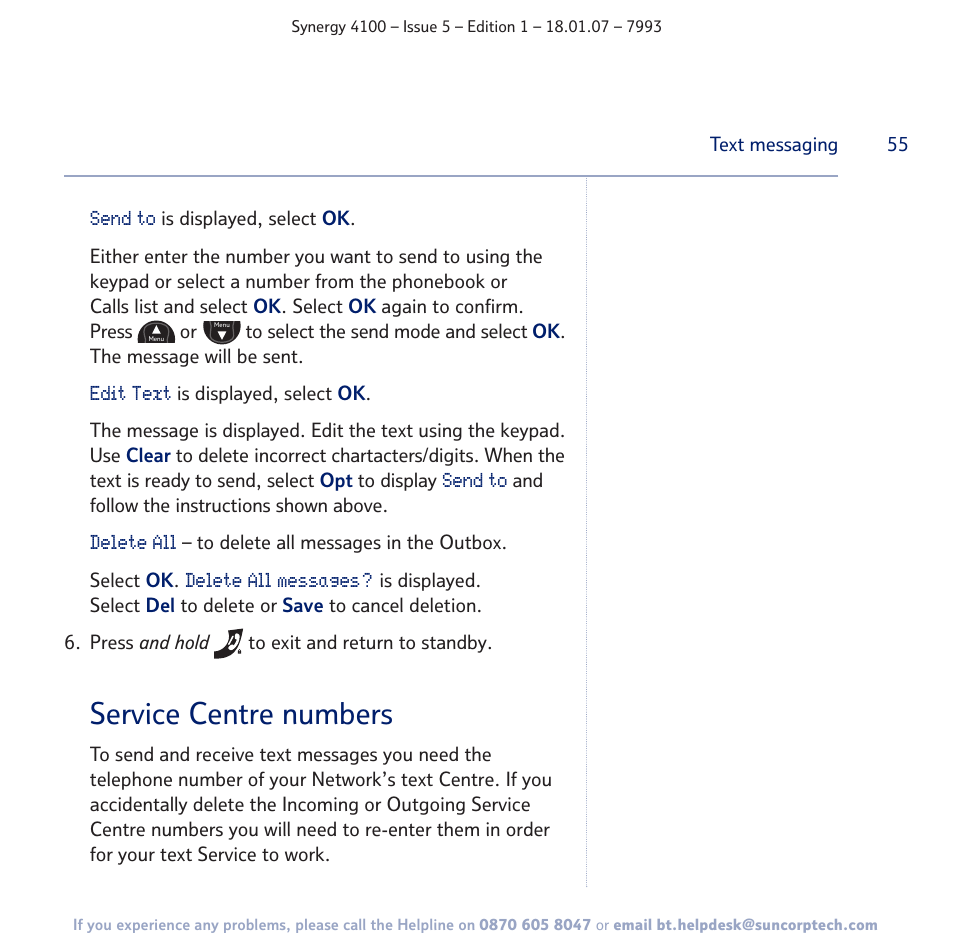 Service centre numbers | BT SYNERGY 4100 User Manual | Page 55 / 84
