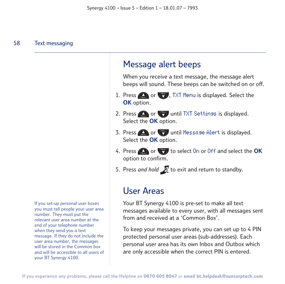 Message alert beeps, User areas | BT SYNERGY 4100 User Manual | Page 58 / 84