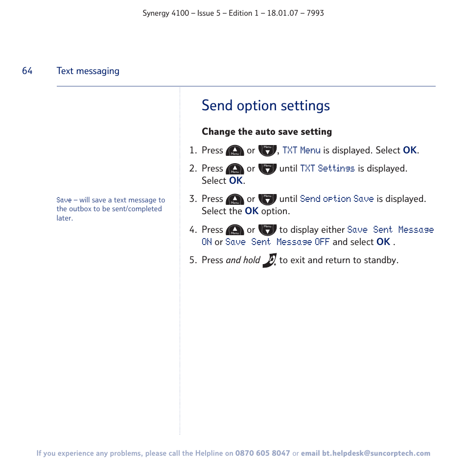 Send option settings | BT SYNERGY 4100 User Manual | Page 64 / 84