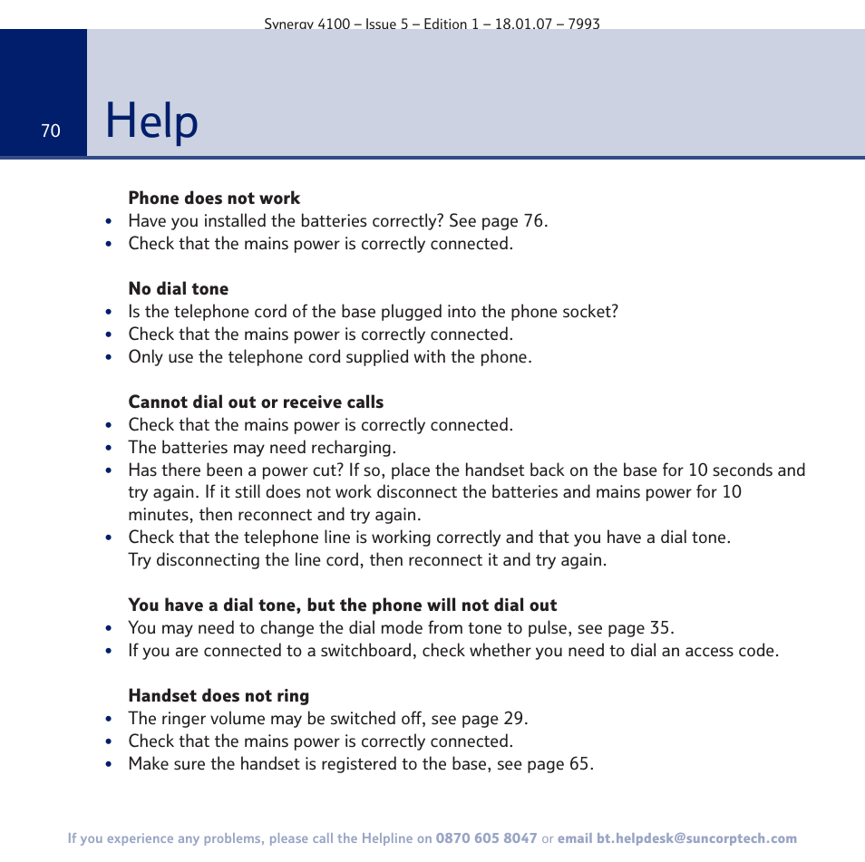 Help | BT SYNERGY 4100 User Manual | Page 70 / 84