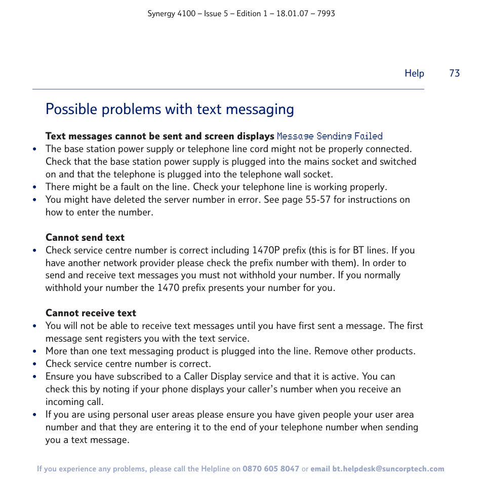 Possible problems with text messaging | BT SYNERGY 4100 User Manual | Page 73 / 84