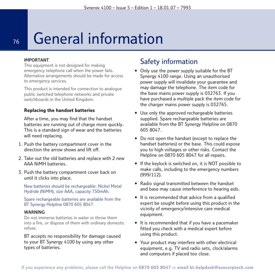 General information, Safety information | BT SYNERGY 4100 User Manual | Page 76 / 84