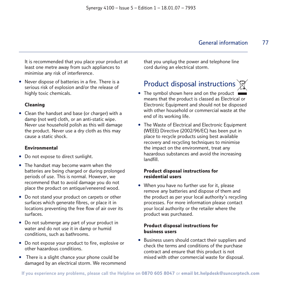 Product disposal instructions | BT SYNERGY 4100 User Manual | Page 77 / 84