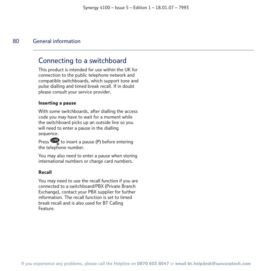 Connecting to a switchboard | BT SYNERGY 4100 User Manual | Page 80 / 84