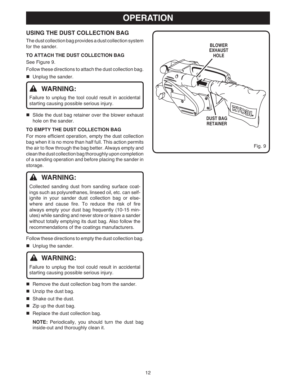 Operation, Warning | Ryobi BE318 User Manual | Page 12 / 16