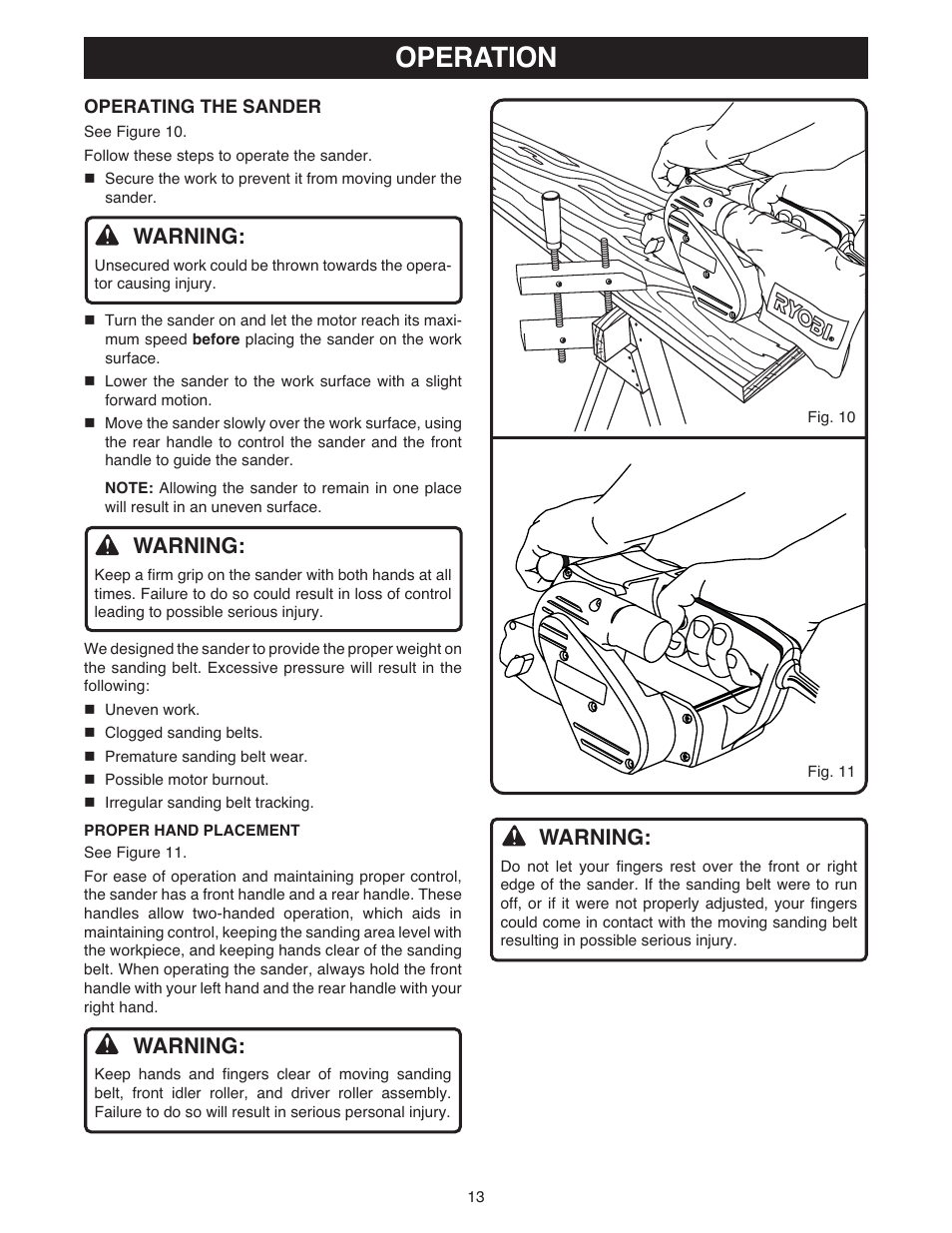 Operation, Warning | Ryobi BE318 User Manual | Page 13 / 16