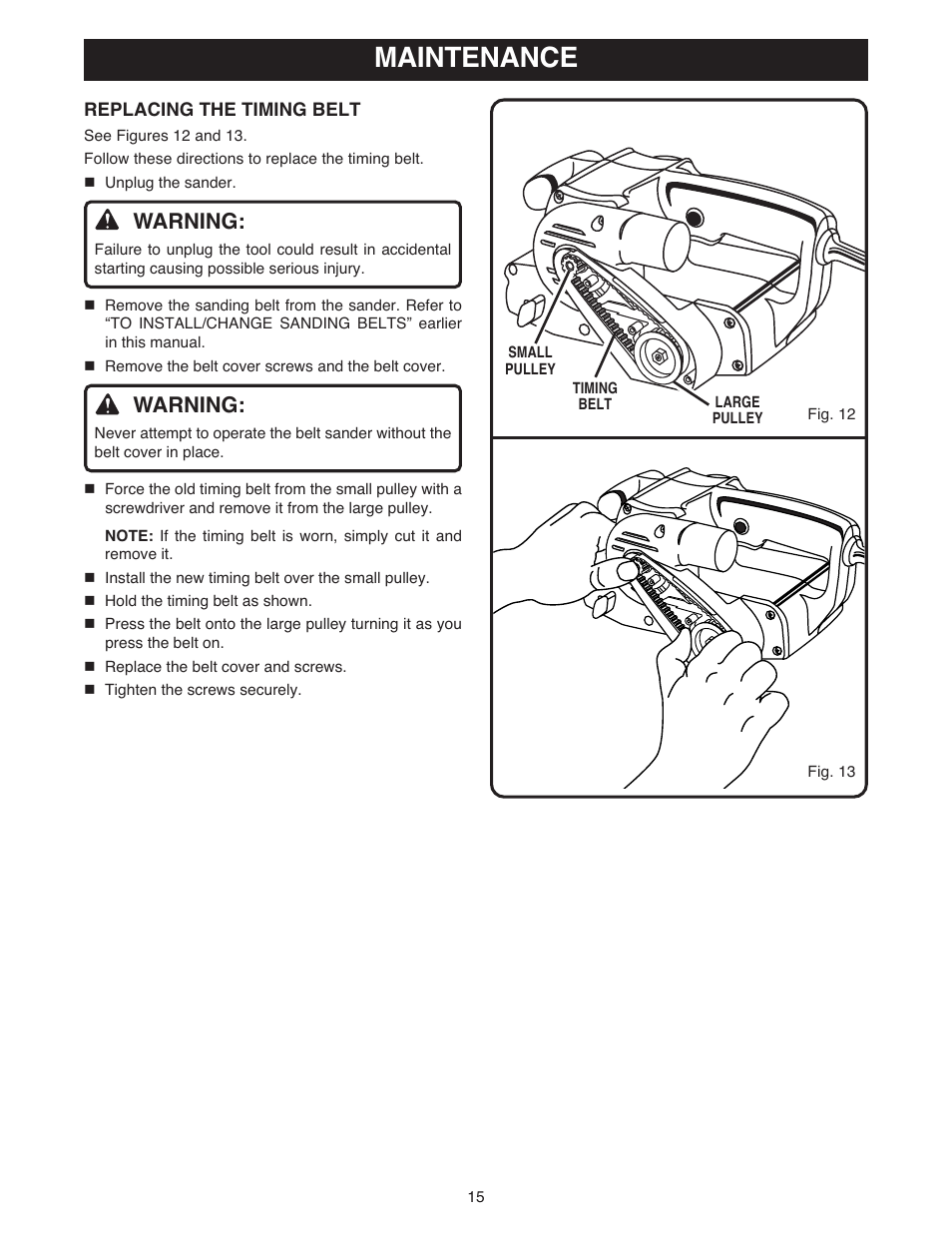 Maintenance, Warning | Ryobi BE318 User Manual | Page 15 / 16