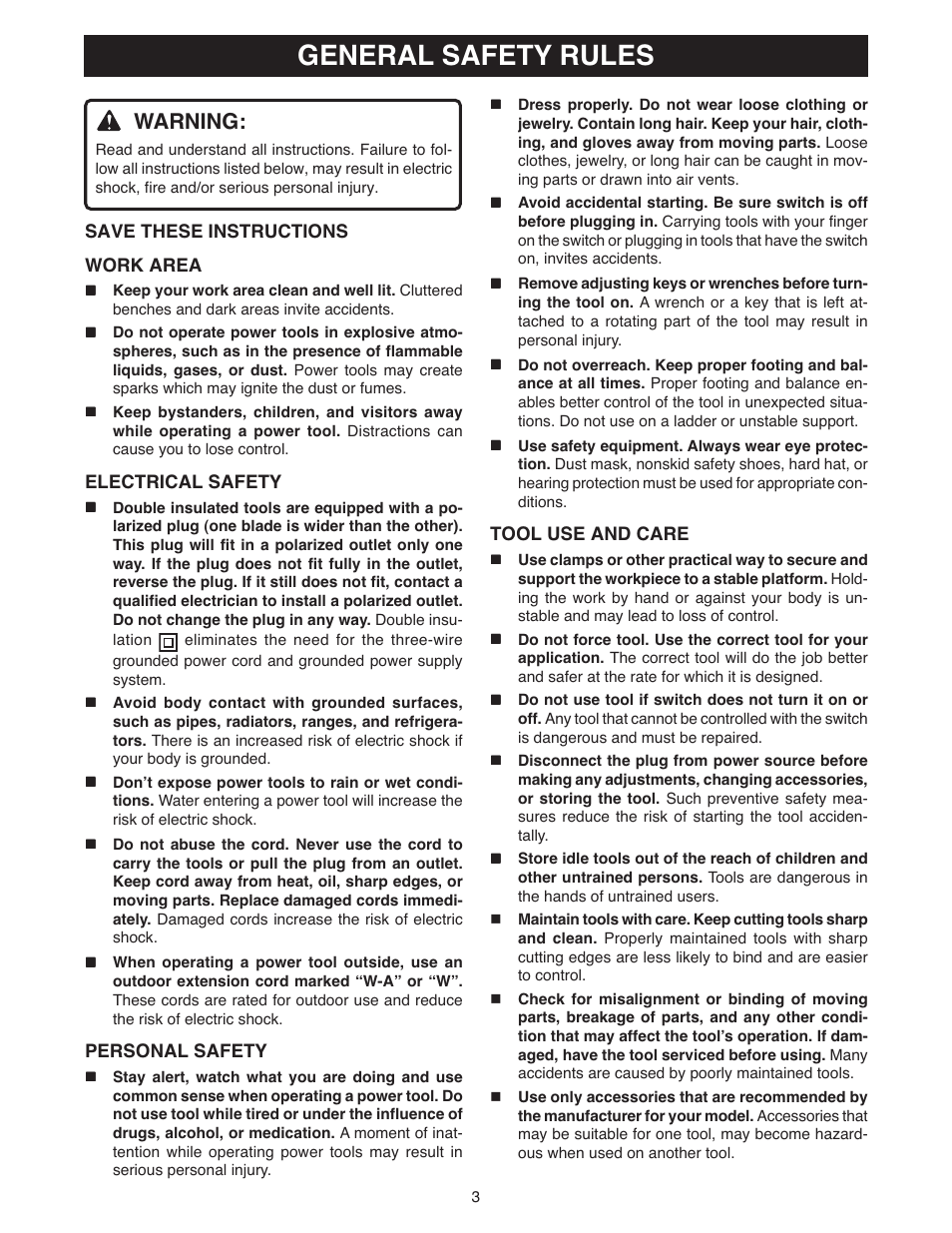 General safety rules, Warning | Ryobi BE318 User Manual | Page 3 / 16