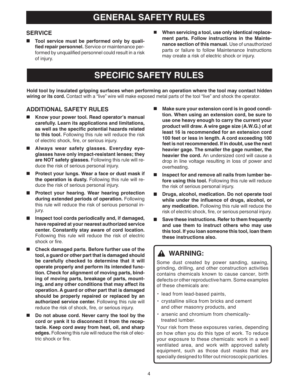 Specific safety rules, General safety rules, Warning | Ryobi BE318 User Manual | Page 4 / 16