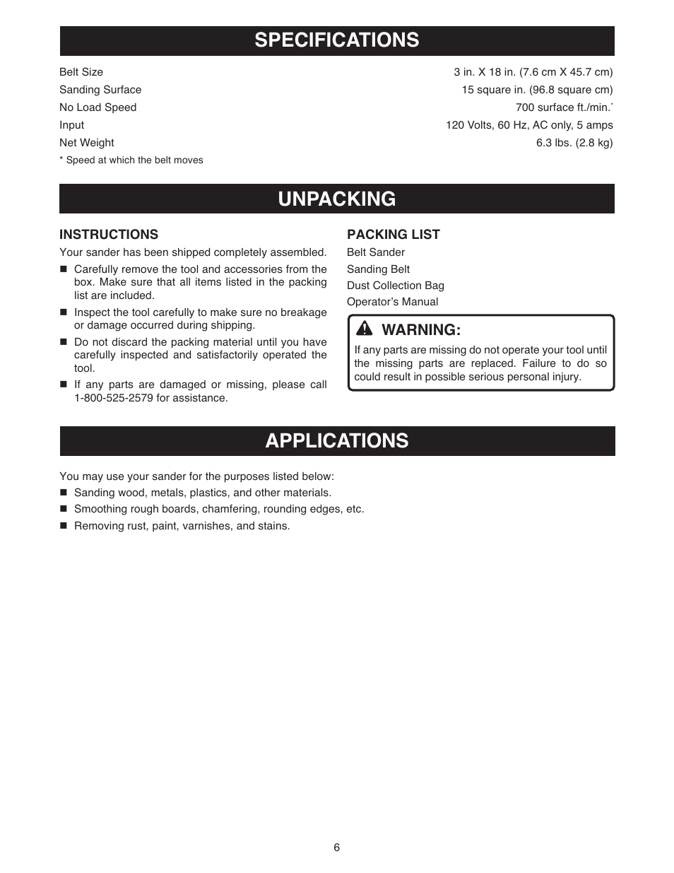 Specifications unpacking, Applications, Warning | Ryobi BE318 User Manual | Page 6 / 16